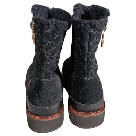 Coach Boots 7 Womens Black Signature Isa Suede Snow Flat Round Toe Low Comfort - Picture 9 of 12